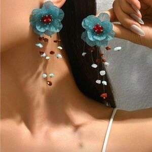Floral Blue and Red Dangle Earrings nwt